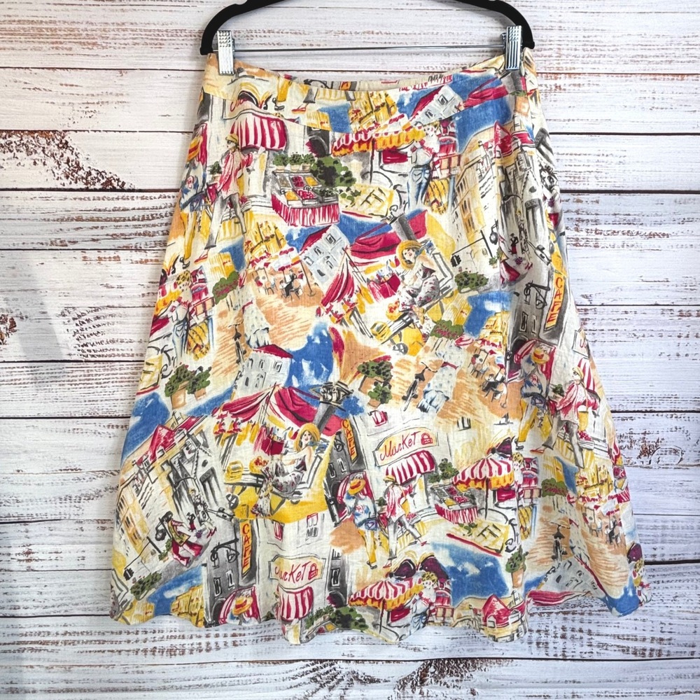 Vintage 100% Linen Midi Skirt 12 Multi Novelty European Print Eclectic Whimsy - Picture 2 of 13